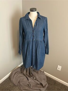 Nine West Indigo Denim Button-Front Long Sleeve Dress